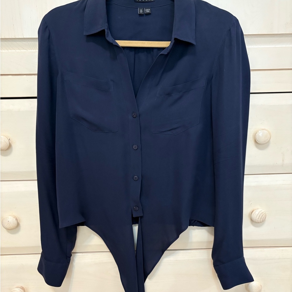Theory Orencia Navy Button-Up Front Tie Blouse